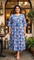 Plus Size Blue Floral Printed Cotton Dress for Women – Elegant Casual Wear