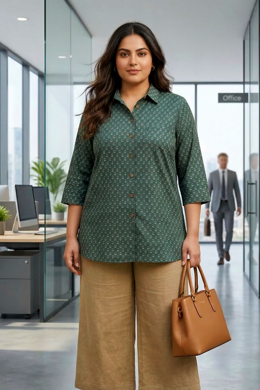 Plus Size Green Printed Cotton Shirt for Women – Smart Casual Office Wear Top