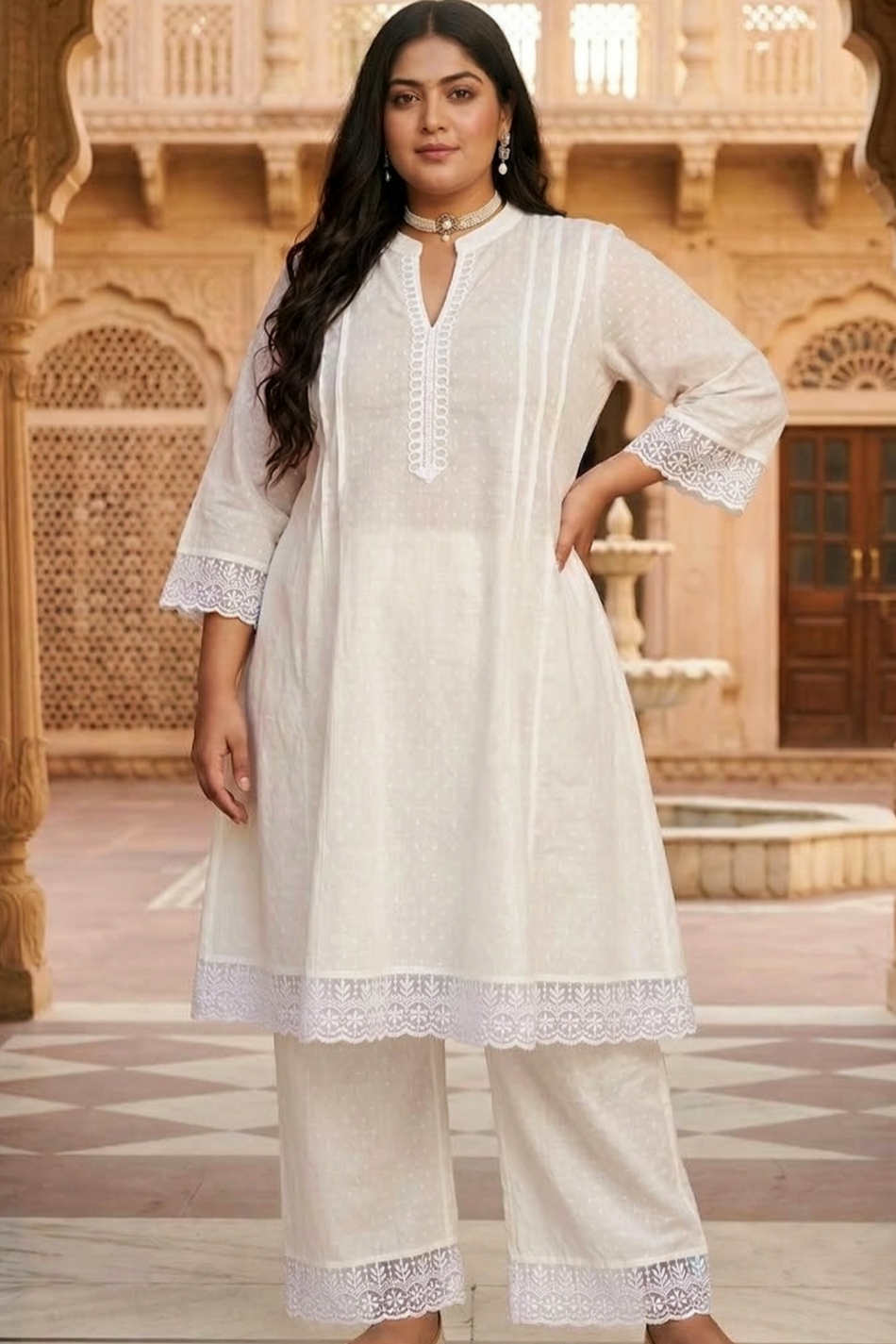 Plus Size Women Elegant White Cotton Dobby Kurta Pant Set – Minimal Ethnic Wear