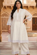 Plus Size Women Elegant White Cotton Dobby Kurta Pant Set – Minimal Ethnic Wear