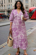 Plus Size Purple Printed Cotton Midi Dress for Women – Elegant Casual Wear