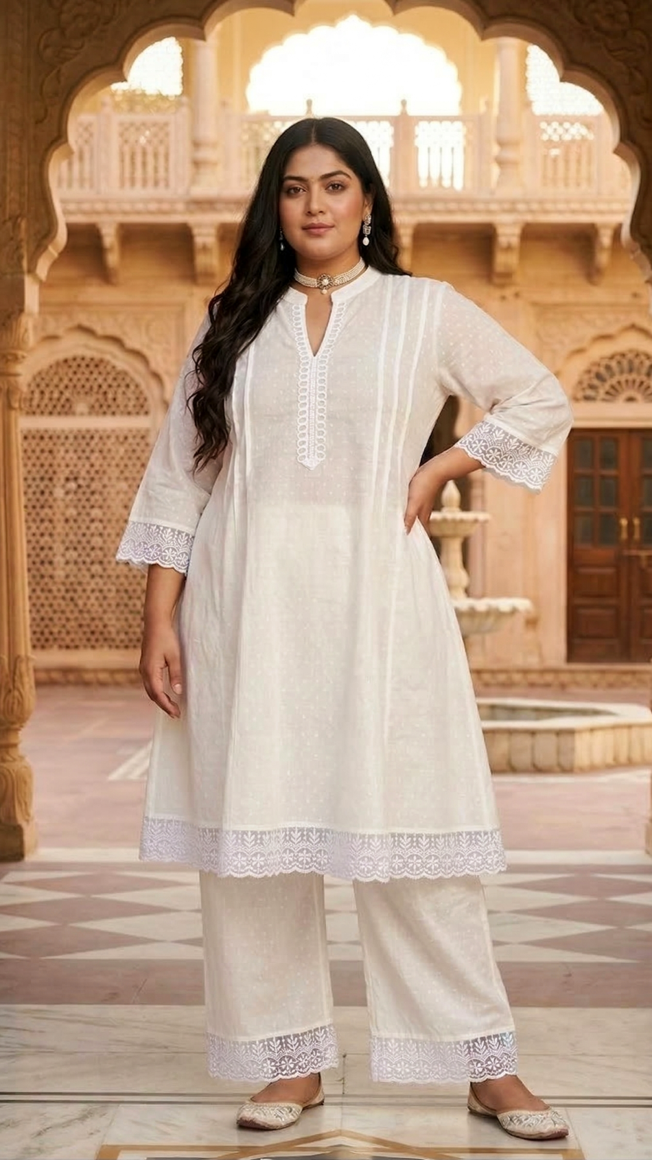 Plus Size Women Elegant White Cotton Dobby Kurta Pant Set – Minimal Ethnic Wear