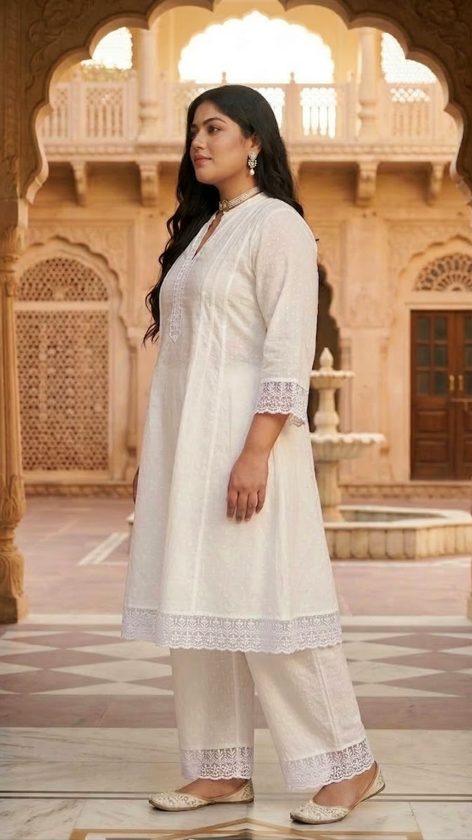 Plus Size Women Elegant White Cotton Dobby Kurta Pant Set – Minimal Ethnic Wear