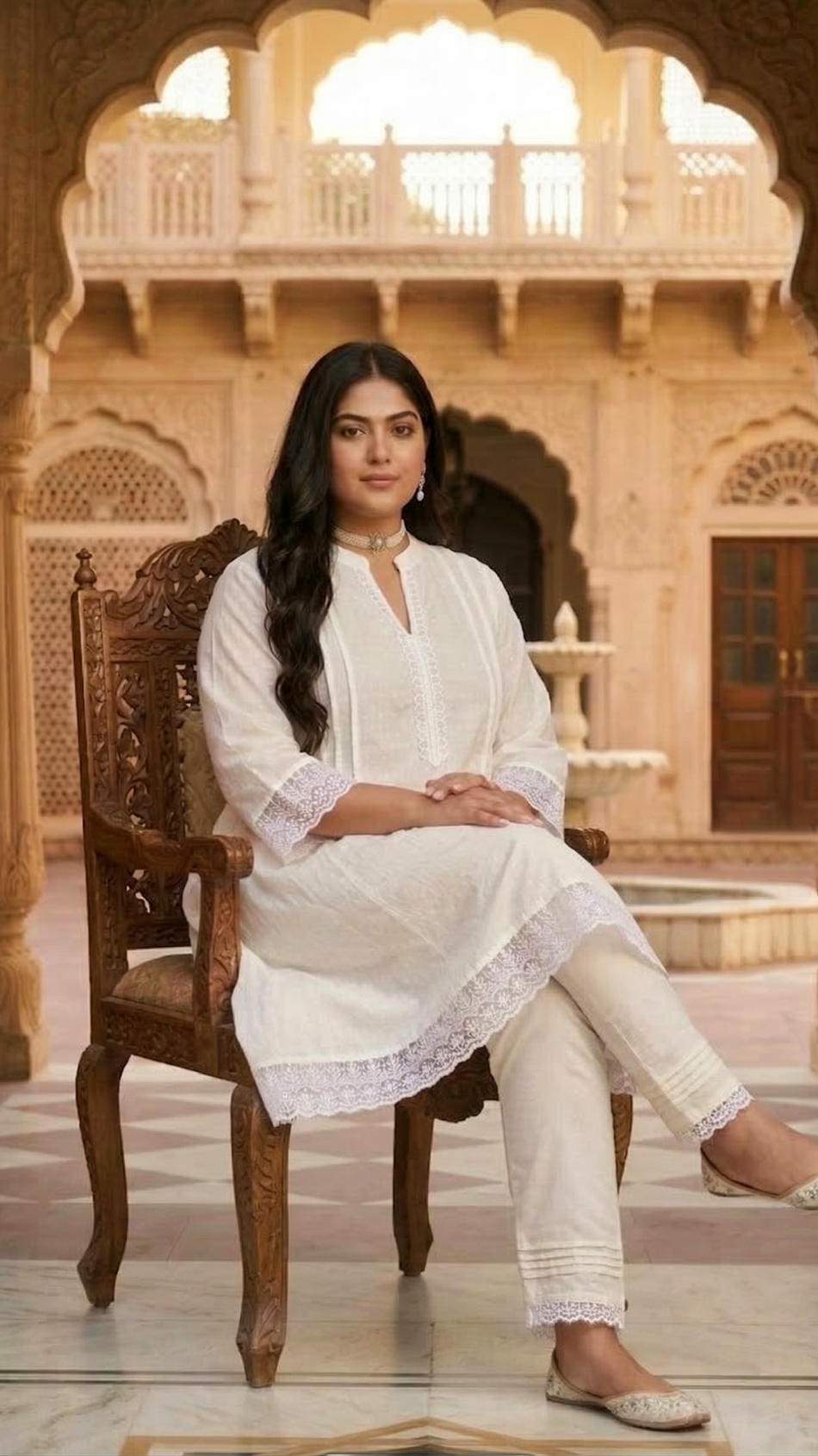 Plus Size Women Elegant White Cotton Dobby Kurta Pant Set – Minimal Ethnic Wear