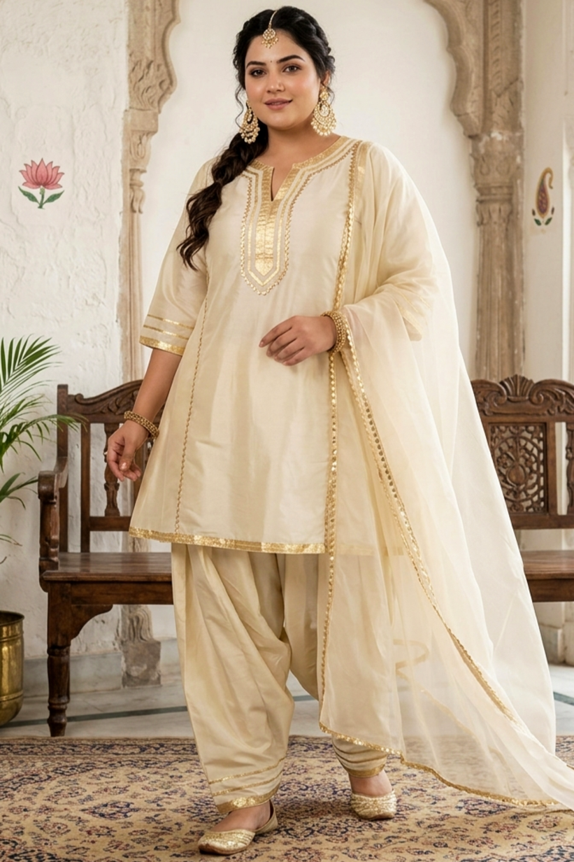 Plus Size Ivory Silk Farshi Salwar Suit Set with Dupatta – Elegant 3 Piece Ethnic Wear