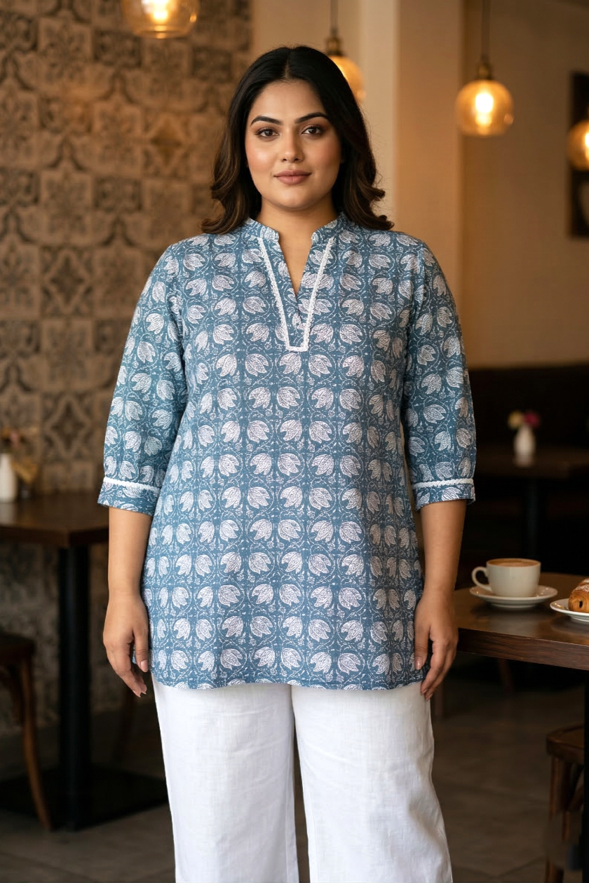 Plus Size Blue Printed Cotton Tunic Top for Women – Casual Ethnic Wear