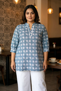 Plus Size Blue Printed Cotton Tunic Top for Women – Casual Ethnic Wear