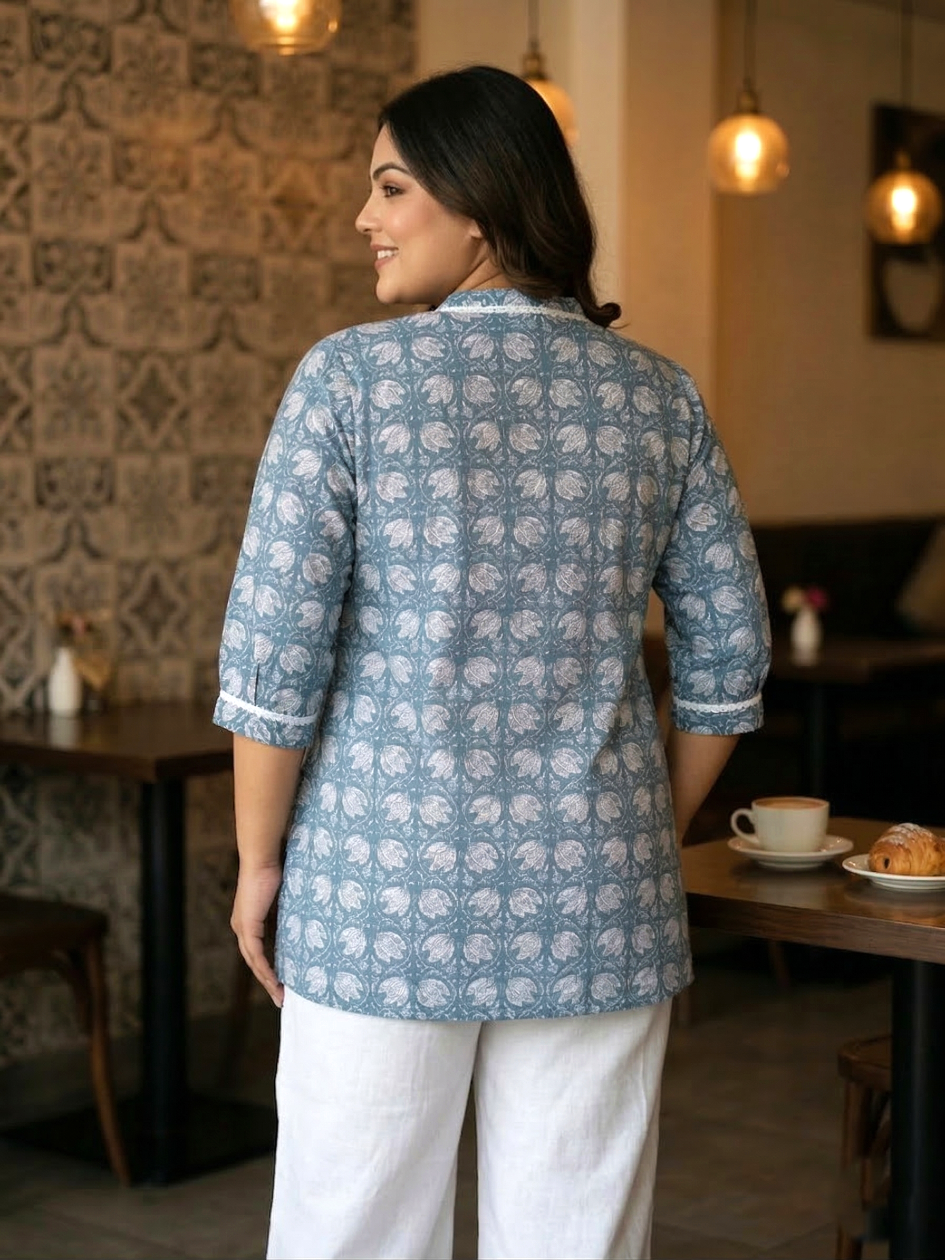 Plus Size Blue Printed Cotton Tunic Top for Women – Casual Ethnic Wear