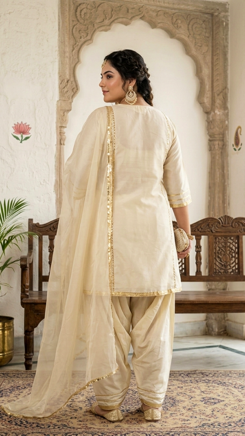 Plus Size Ivory Silk Farshi Salwar Suit Set with Dupatta – Elegant 3 Piece Ethnic Wear