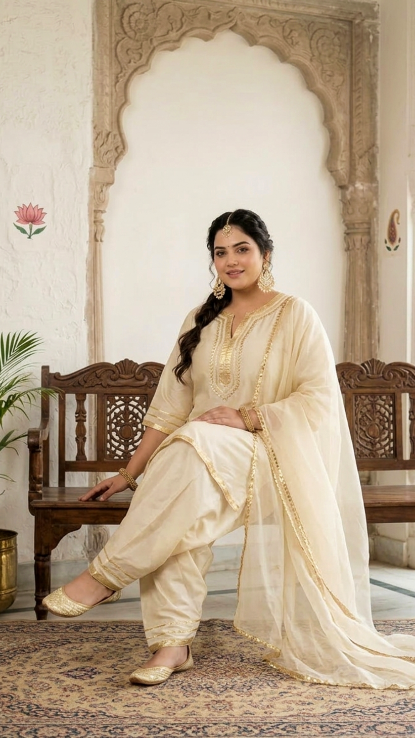 Plus Size Ivory Silk Farshi Salwar Suit Set with Dupatta – Elegant 3 Piece Ethnic Wear