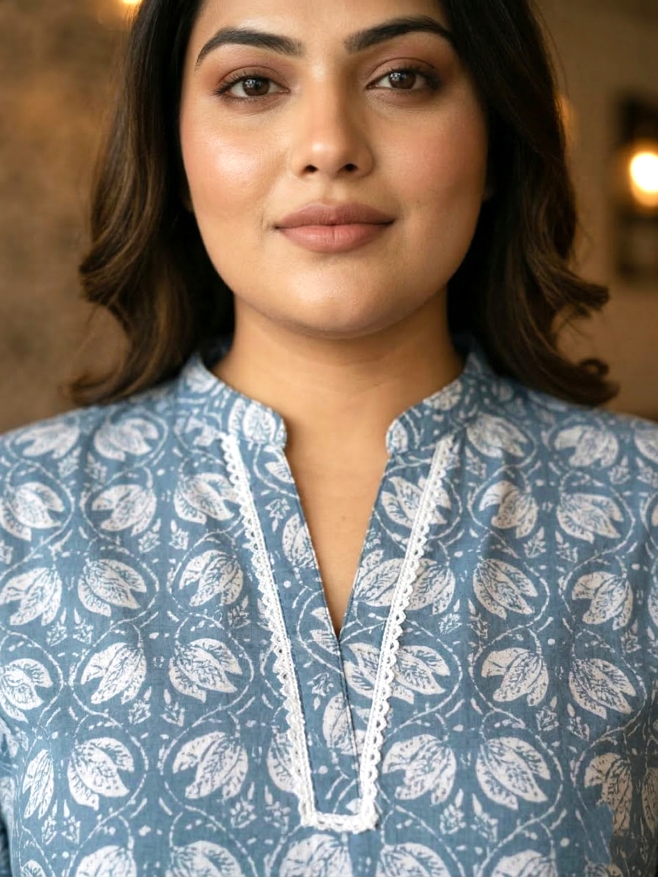 Plus Size Blue Printed Cotton Tunic Top for Women – Casual Ethnic Wear