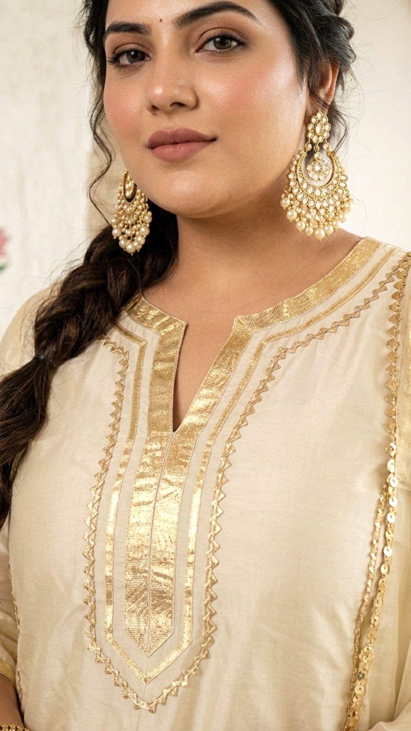 Plus Size Ivory Silk Farshi Salwar Suit Set with Dupatta – Elegant 3 Piece Ethnic Wear