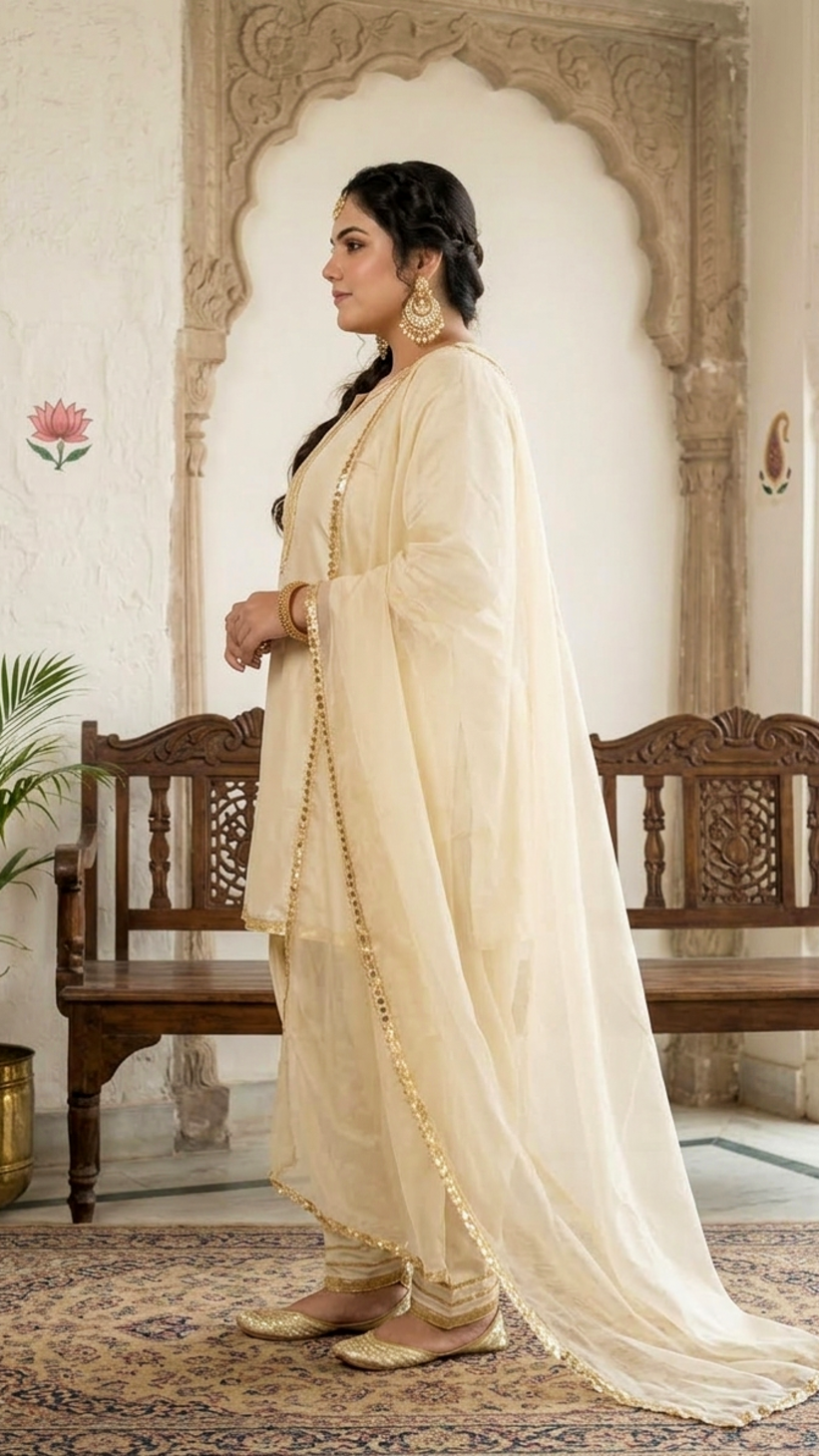 Plus Size Ivory Silk Farshi Salwar Suit Set with Dupatta – Elegant 3 Piece Ethnic Wear