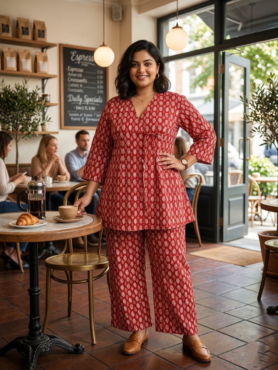 Plus Size Red Boho Printed Cotton Co-ord Set for Women – Stylish Casual Cord Set