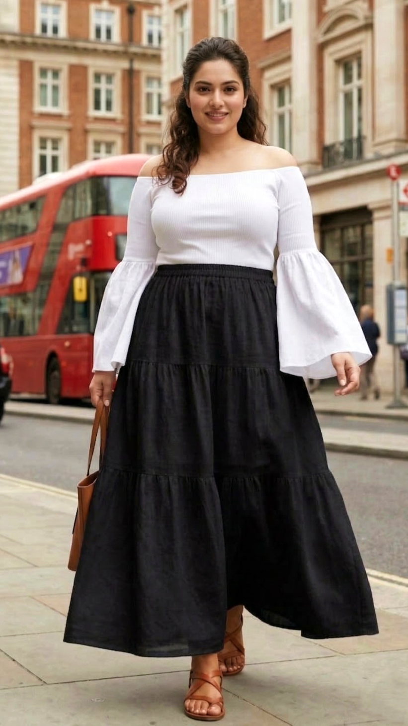 Plus Size Black Rayon Tiered Maxi Skirt for Women – Elegant Flowy Casual Skirt