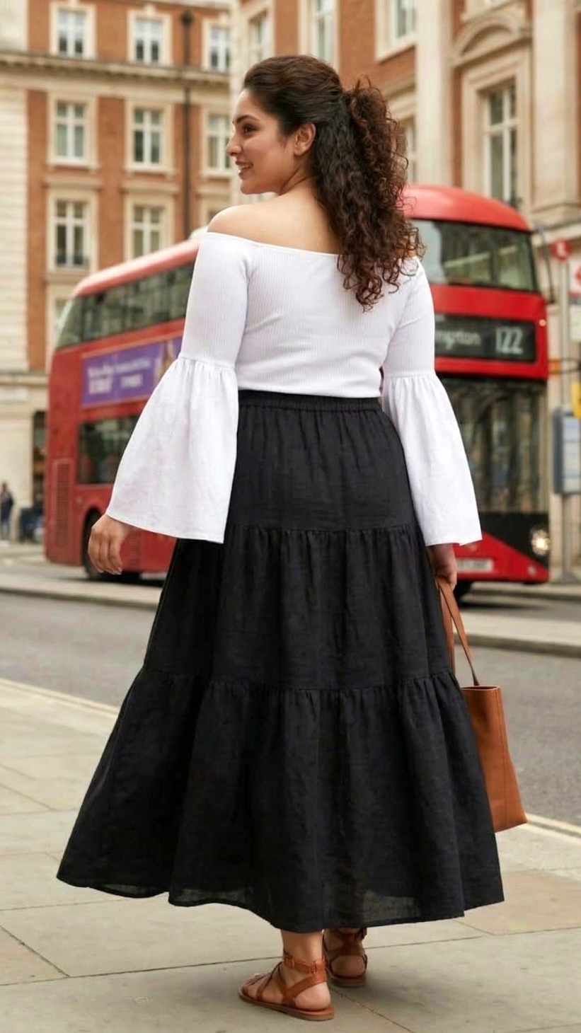 Plus Size Black Rayon Tiered Maxi Skirt for Women – Elegant Flowy Casual Skirt
