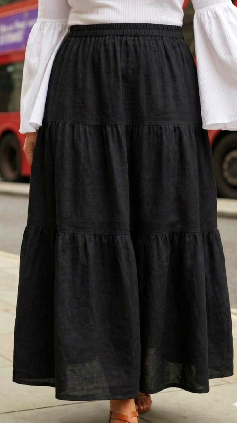 Plus Size Black Rayon Tiered Maxi Skirt for Women – Elegant Flowy Casual Skirt