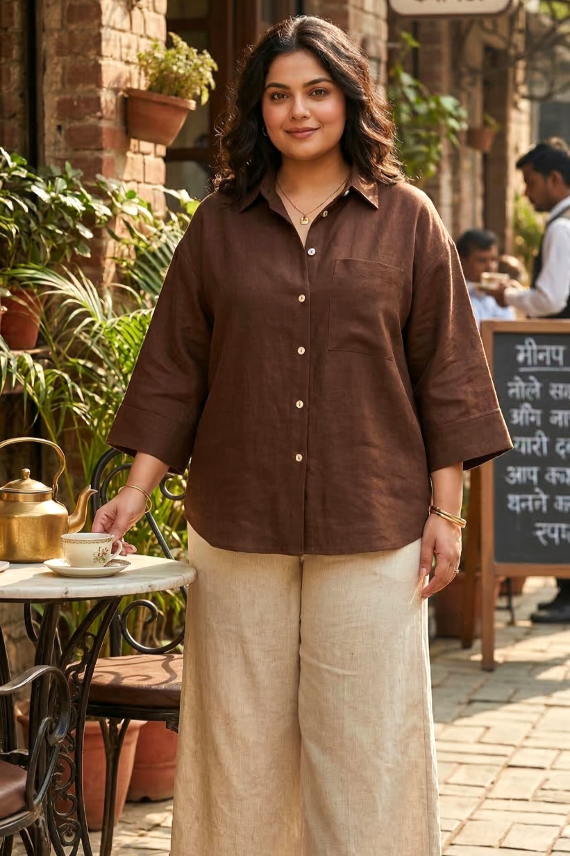 Plus Size Brown Cotton Shirt for Women – Relaxed Fit Casual & Office Wear Top