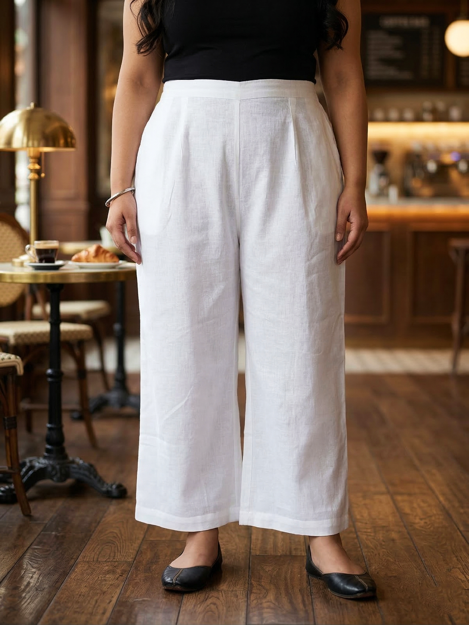 Plus Size Classic White Linen Trousers for Women – Comfortable Wide Leg Pants