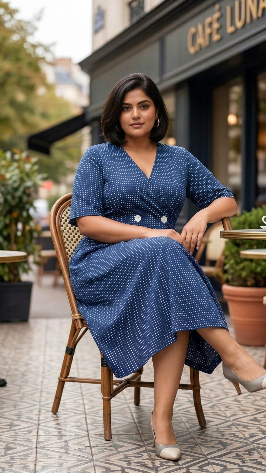 Plus Size Cotton Front Open Midi Dress – Polka Dot V-Neck A-Line Dress (Navy Blue)