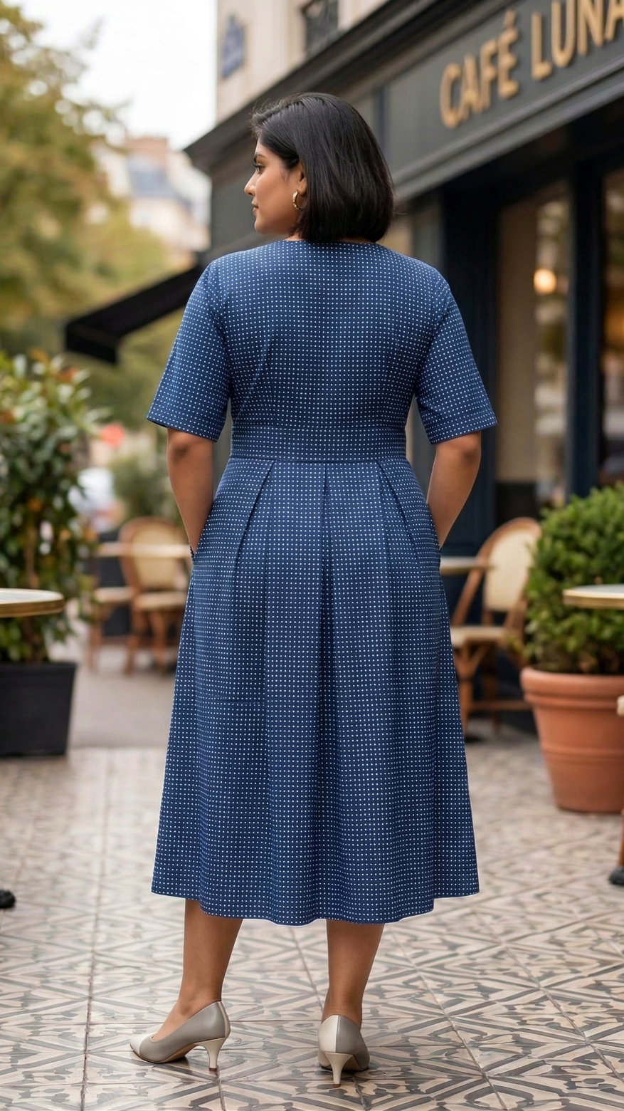 Plus Size Cotton Front Open Midi Dress – Polka Dot V-Neck A-Line Dress (Navy Blue)