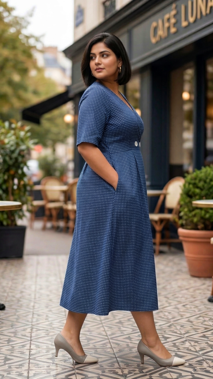 Plus Size Cotton Front Open Midi Dress – Polka Dot V-Neck A-Line Dress (Navy Blue)