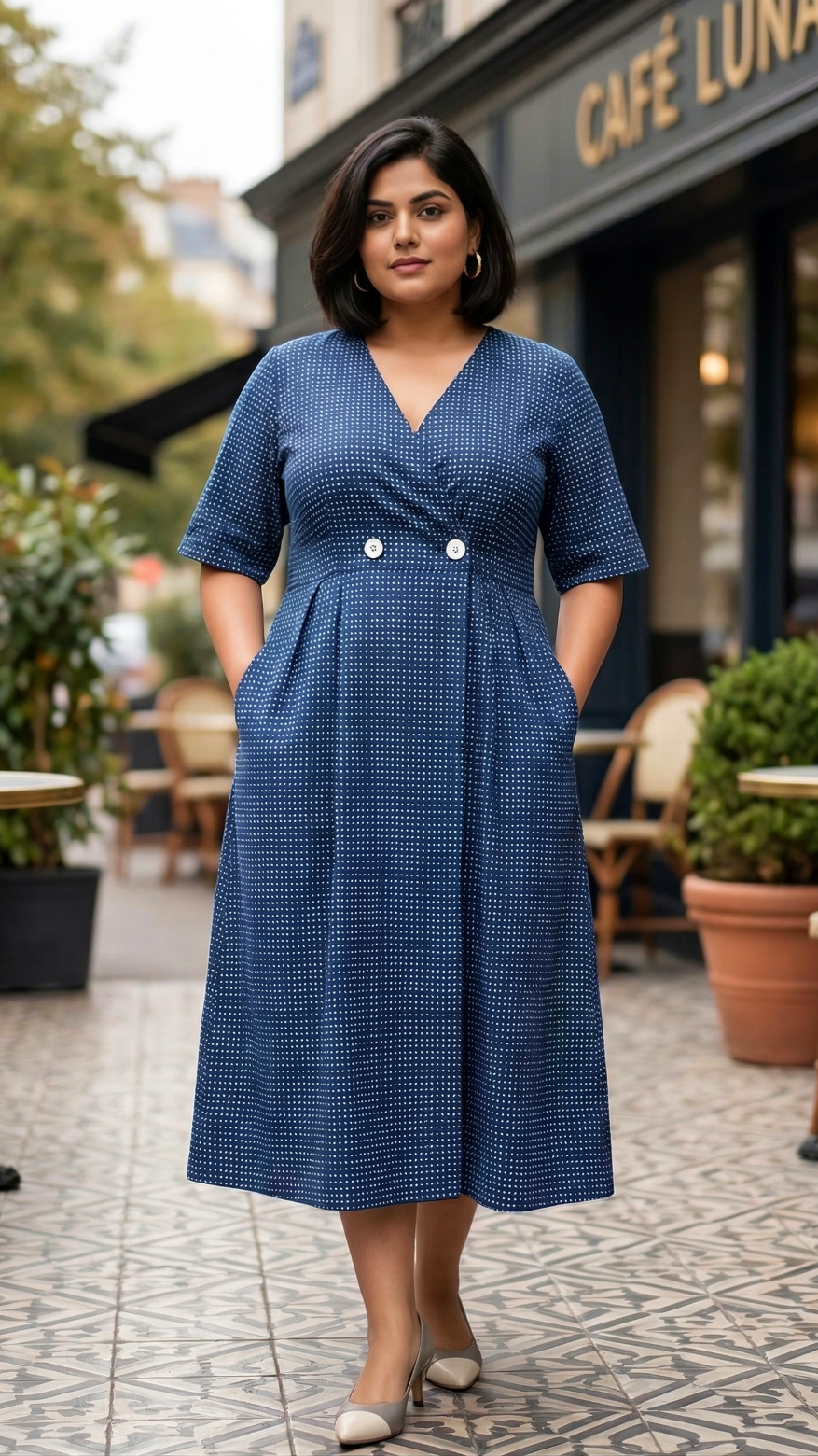 Plus Size Cotton Front Open Midi Dress – Polka Dot V-Neck A-Line Dress (Navy Blue)