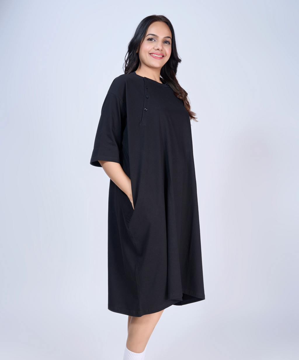 Black Feeding Oversized Pocket Tees (With Button)
