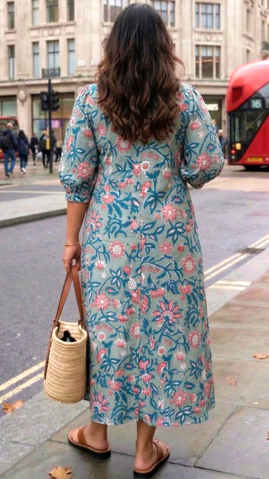 Plus Size Cotton Floral Midi Dress – V-Neck Button Down Casual Dress