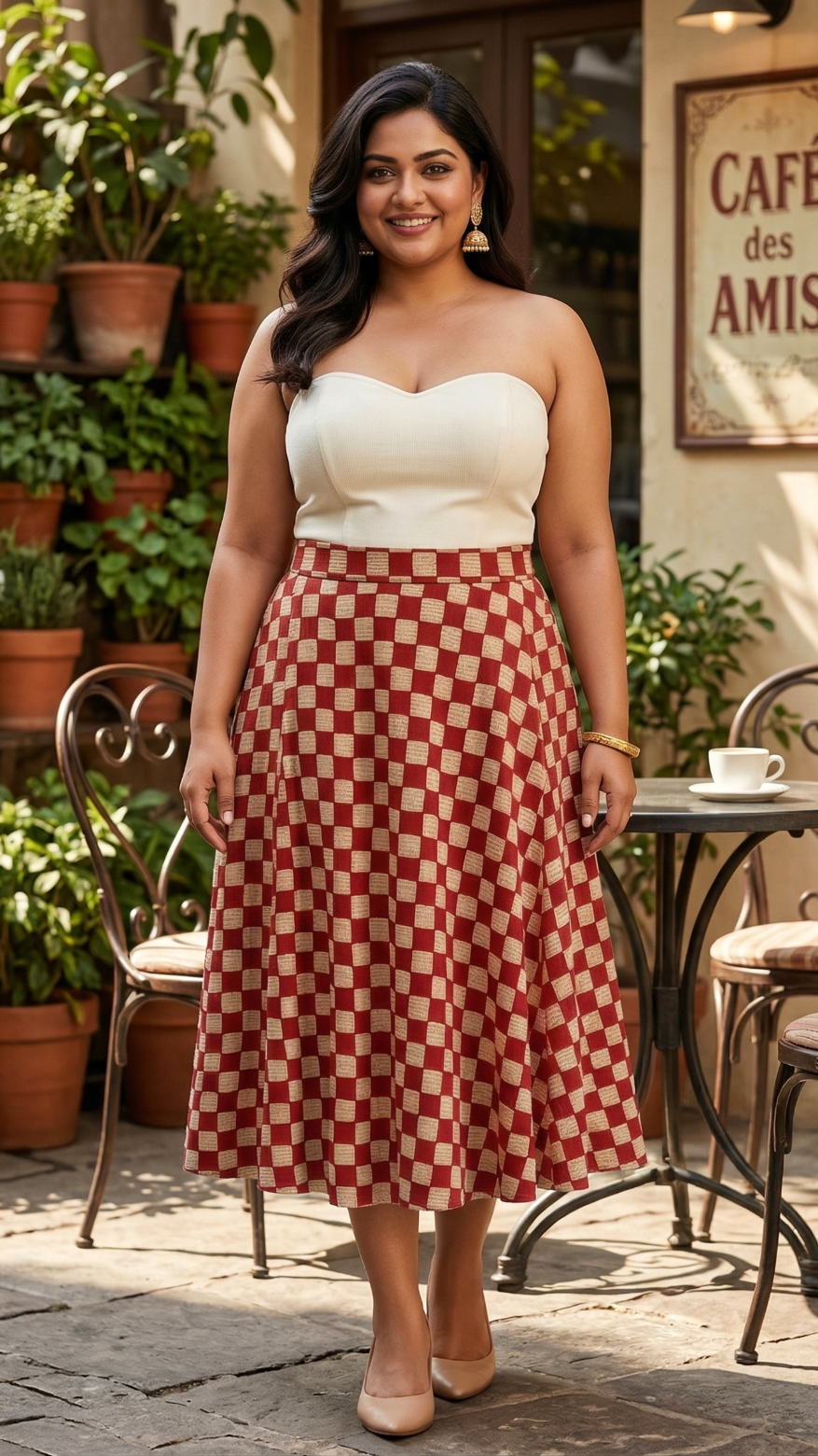 Plus Size Cotton Checkered Midi Skirt – High Waist Flared Skirt (Red & Beige)