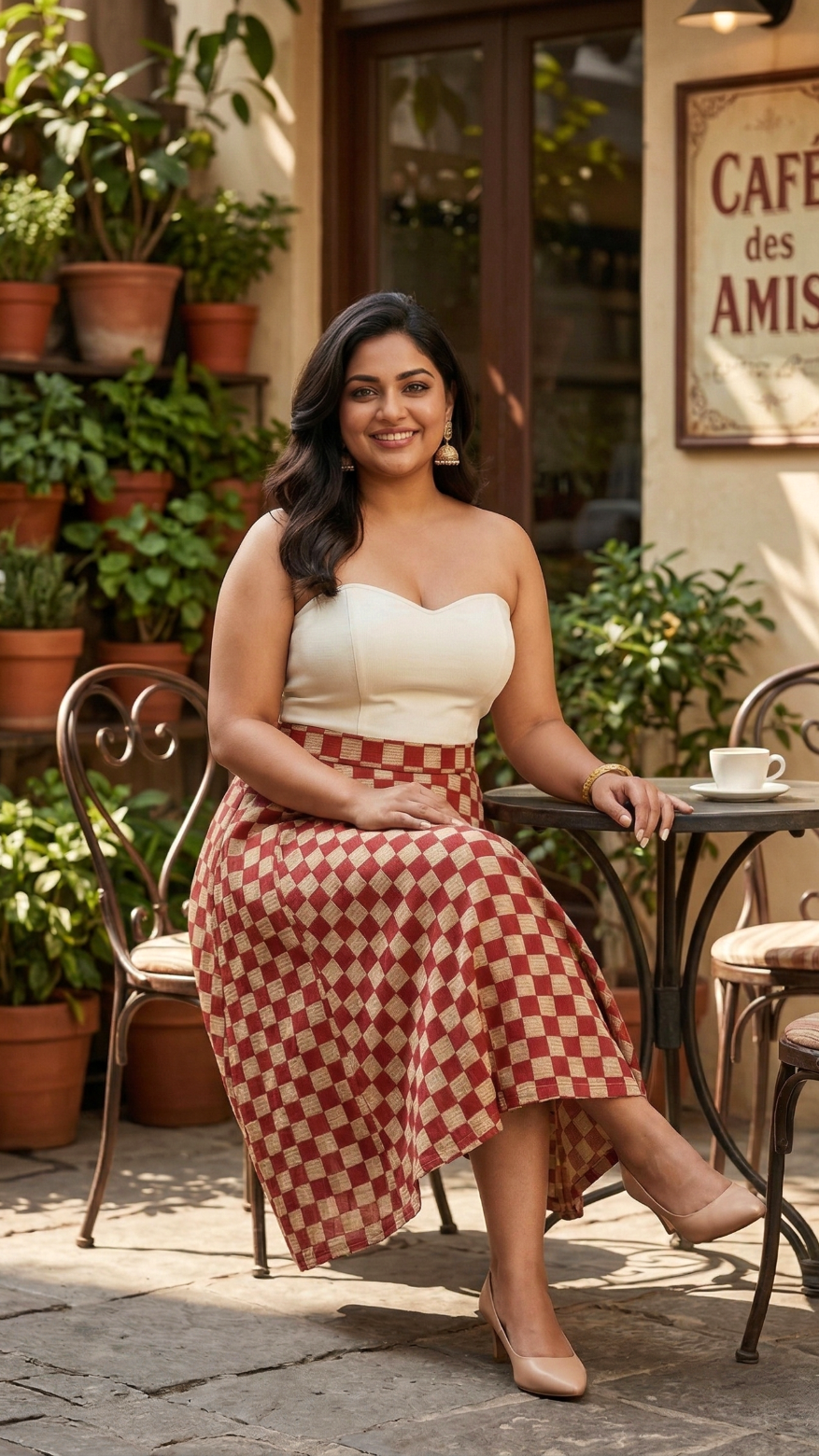 Plus Size Cotton Checkered Midi Skirt – High Waist Flared Skirt (Red & Beige)