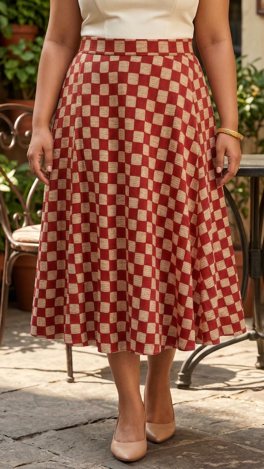 Plus Size Cotton Checkered Midi Skirt – High Waist Flared Skirt (Red & Beige)