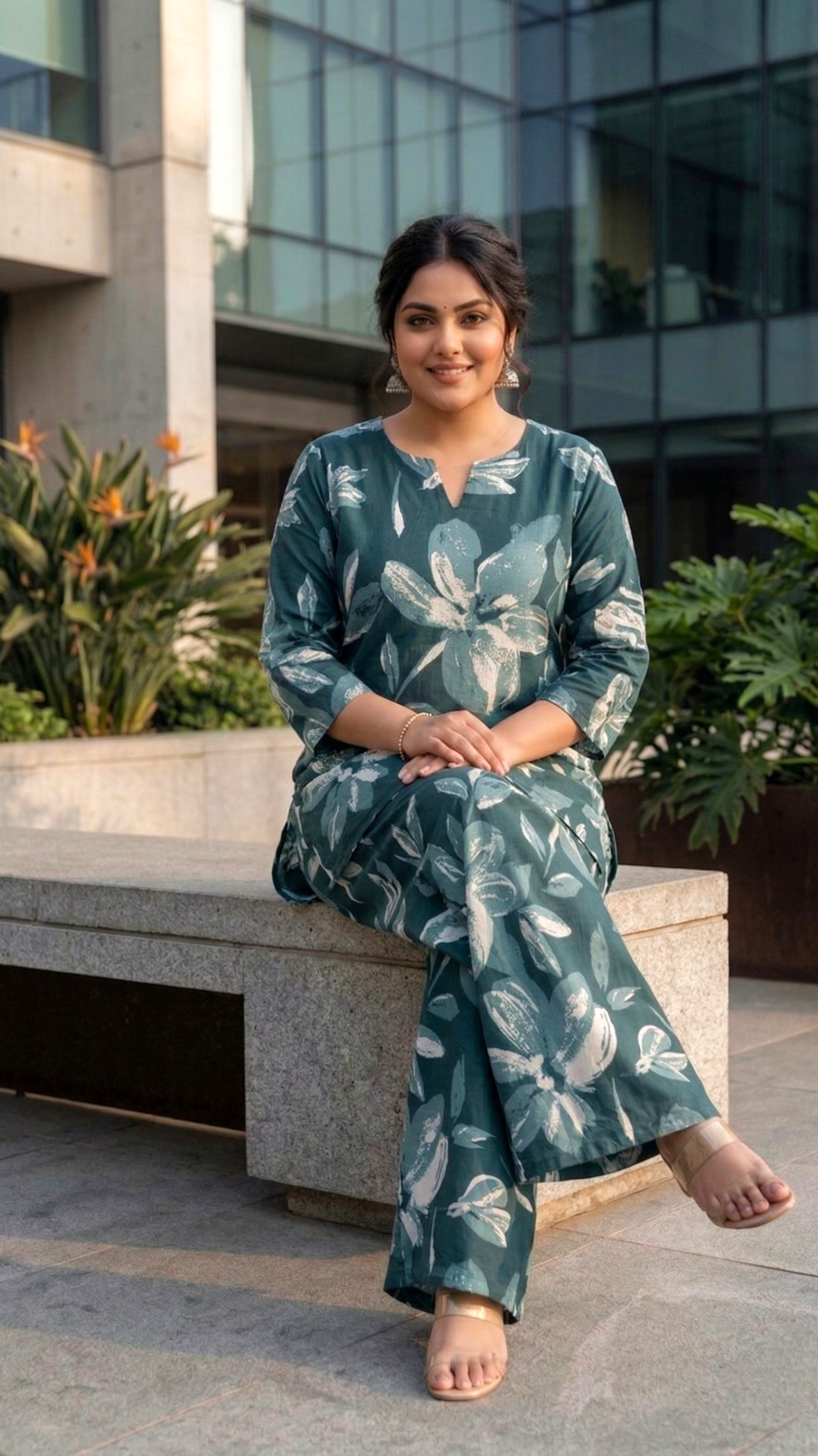 Plus Size Cotton Printed Cord Set – Floral Print Co-ord Set (Green)