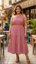 Plus Size Red Printed Cotton One Shoulder Midi Dress for Women – Stylish Casual Wear