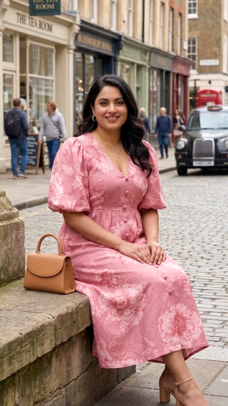Pink Floral Cotton Midi Dress for Women – Elegant Puff Sleeve Casual Wear